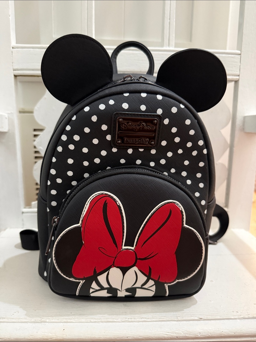 LOUNGEFLY Black Polka Dot Minnie Mouse Mini Backpack with Red Bow